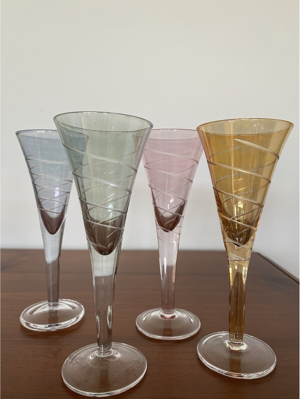 Vintage Multicolour Etched Cordial Liqueur/Sherry Glasses Swirl Design Set of 4